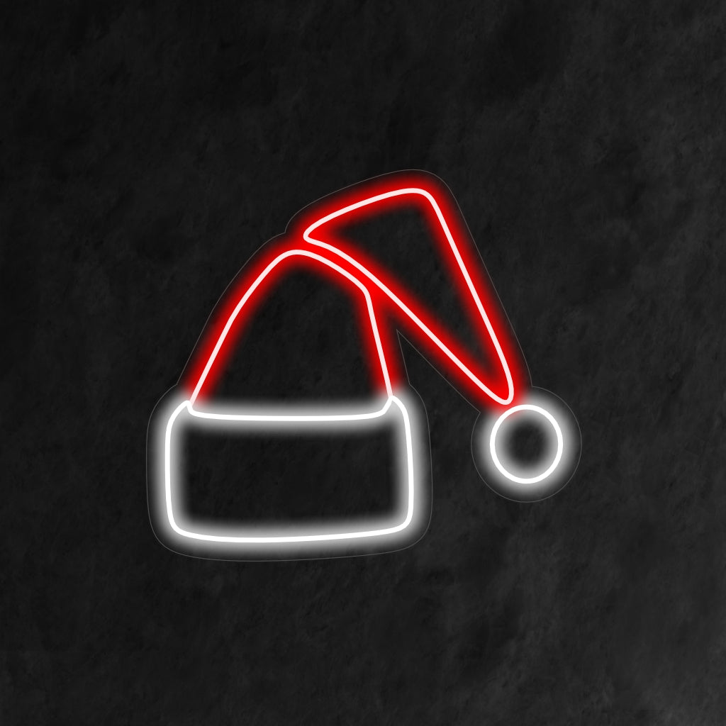 "Placa de neon de chapéu de Natal" ��� Uma luz neon festiva e excêntrica exibindo o icônico chapéu de Natal, infundindo seu espaço com vibrações alegres e festivas.