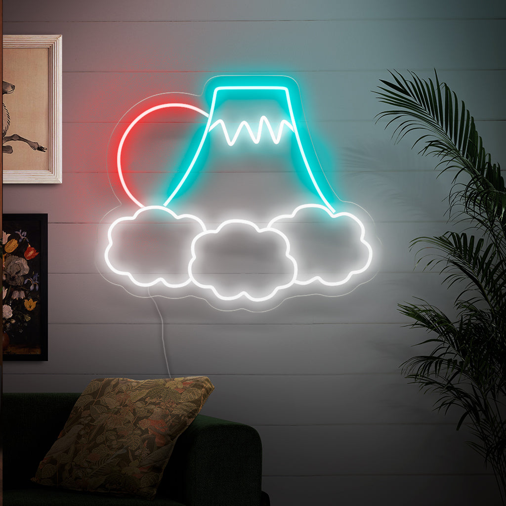 "Placa de neon abstrata com nuvens, montanhas e sol" ��� Uma luz de neon serena e inspirada na natureza que exibe uma representação abstrata de nuvens, montanhas e o sol, infundindo seu espaço com tranquilidade e uma atmosfera contemplativa.