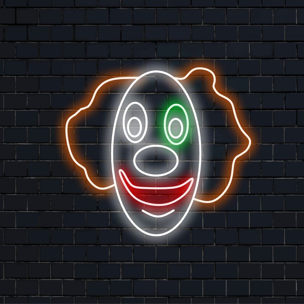 "Placa de neon com rosto de palhaço" ��� Uma luz de neon divertida e vibrante que exibe o design excêntrico de um rosto de palhaço, infundindo seu espaço com alegria e um toque de diversão.