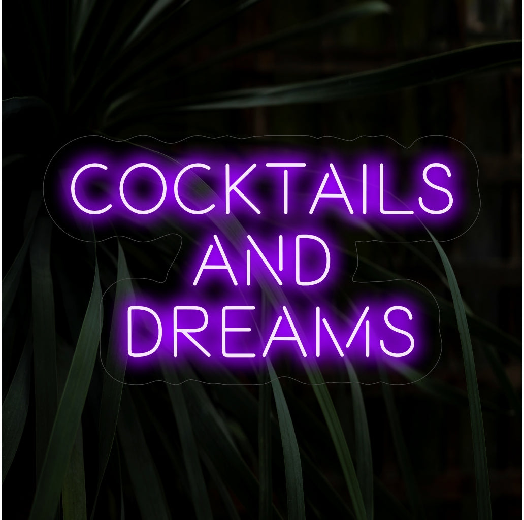 "Placa de neon "Cocktails And Dreams" ��� Uma luz de neon moderna e animada exibindo as palavras "Cocktails And Dreams", dando ao seu bar ou área de entretenimento um ambiente divertido e estiloso.