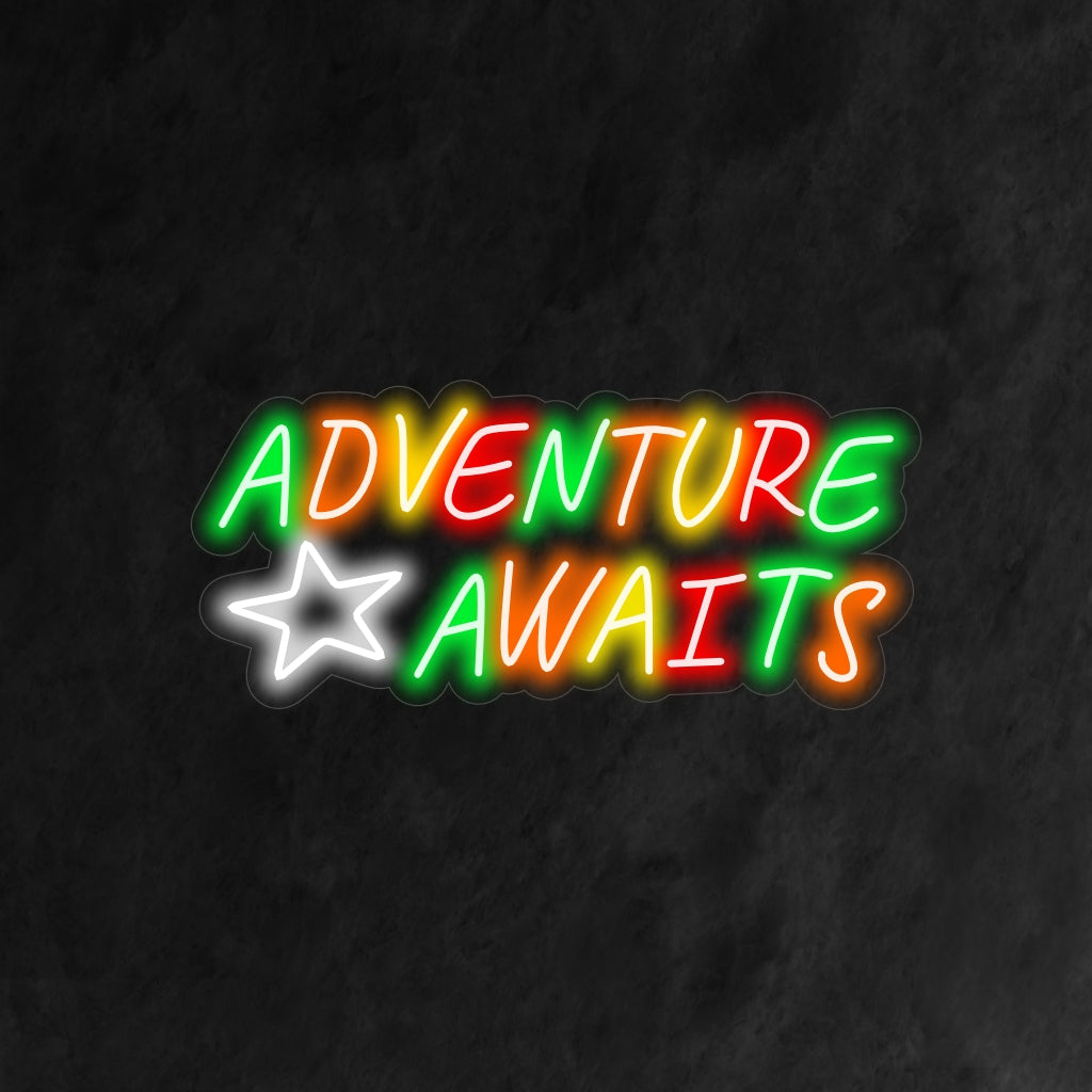 Placa de neon "Colorful Adventure Awaits" ��� Uma luz neon vibrante e emocionante exibindo as palavras "Colorful Adventure Awaits", infundindo seu espaço com energia animada e um senso de aventura.