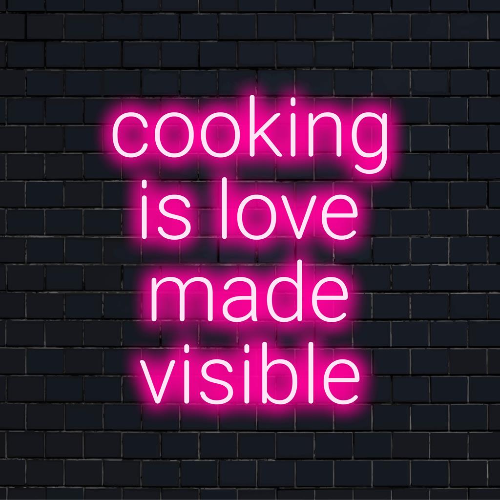 Placa de neon LED personalizada com a frase Cooking Is Love Made Visible em uma escrita elegante; decoração neon perfeita para cozinha.