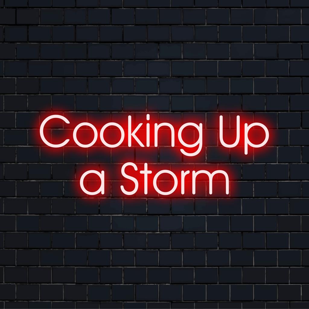 Letreiro de neon com a frase "Cooking Up A Storm" (Cozinhando uma Tempestade), confeccionado em letras vibrantes de LED. Perfeito para decoração de cozinha.