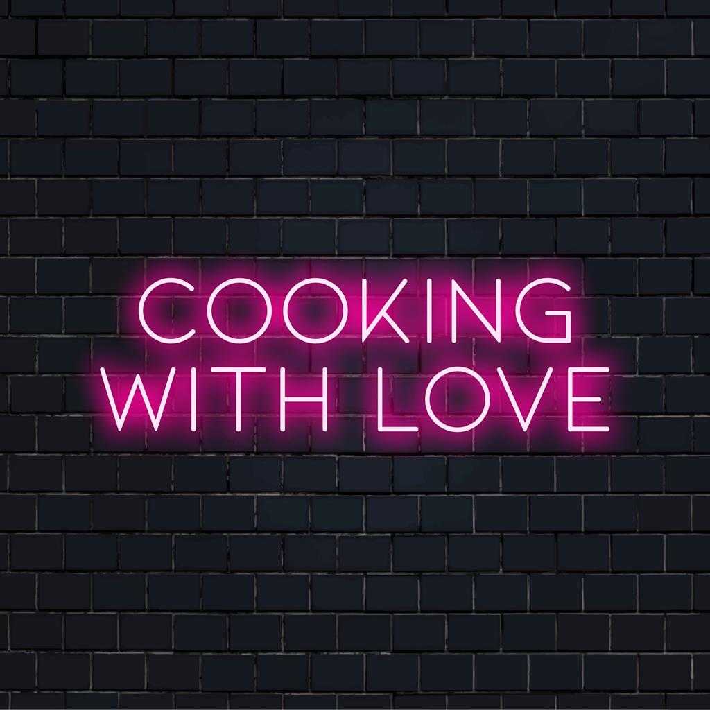 Placa de neon LED personalizada com os dizeres "Cozinhando com Amor" em cores vibrantes, perfeita para decoração de cozinha ou presentes.