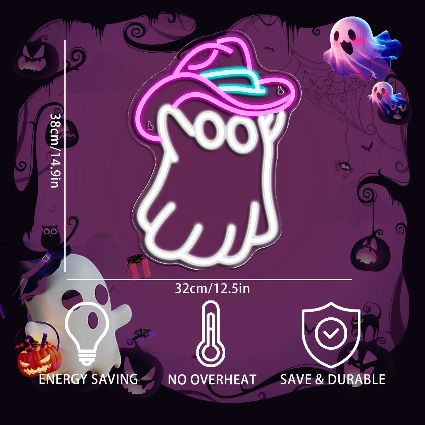 Letreiro Neon LED Mini USB 5V Fantasma de Chapéu de Cowboy - Econômico