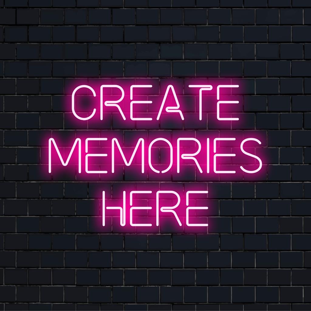 Placa de neon LED personalizada com "Create Memories Here" em letras vibrantes, perfeita para a criação de ambientes personalizados.