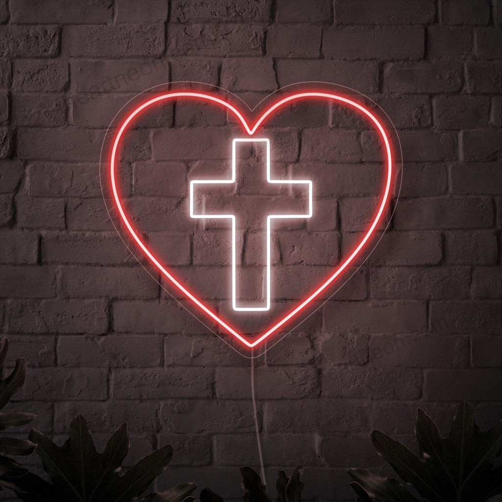 "Placa de neon com cruz e coração" ��� Uma luz de neon espiritual exibindo uma cruz e um coração simbólicos, infundindo calor ao seu espaço.