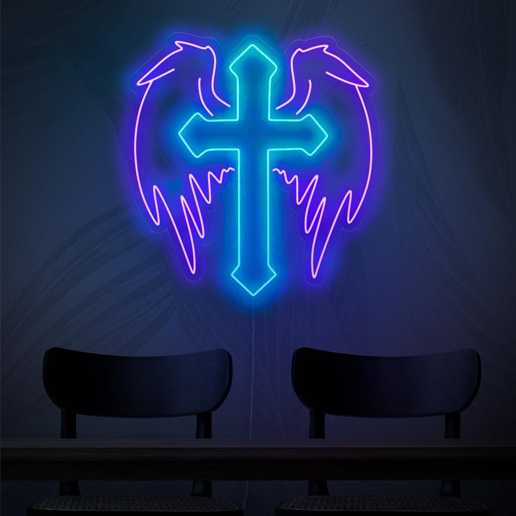 "Placa de neon com cruz e asas de anjo" ��� Uma luz neon angelical e espiritual exibindo uma cruz adornada com asas de anjo, infundindo seu espaço com serenidade e charme celestial.