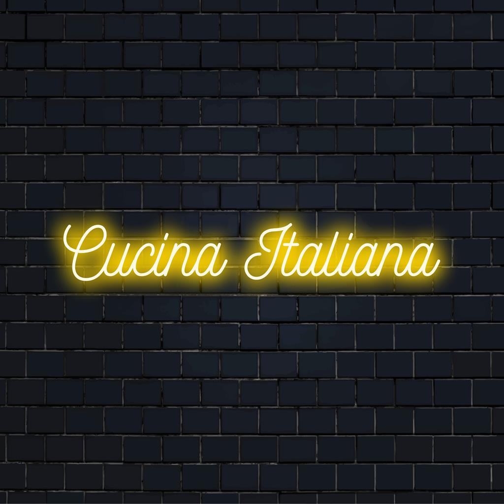 Placa de neon LED estilosa com os dizeres Cucina Italiana, perfeita para dar um toque especial a qualquer canto da cozinha ou espaço com temática italiana.