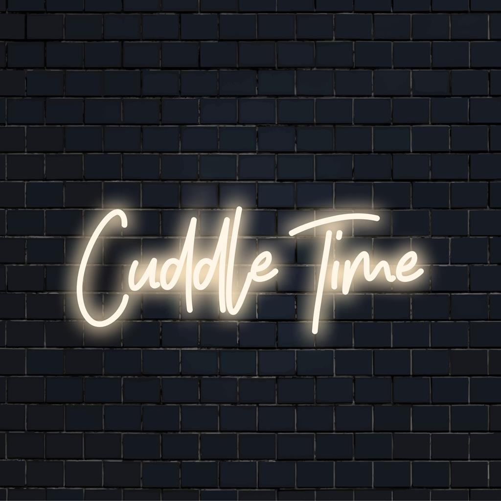 Placa de LED neon com brilho quente e escrito Cuddle Time, perfeita para espaços aconchegantes; combina charme único com decoração criativa em neon.