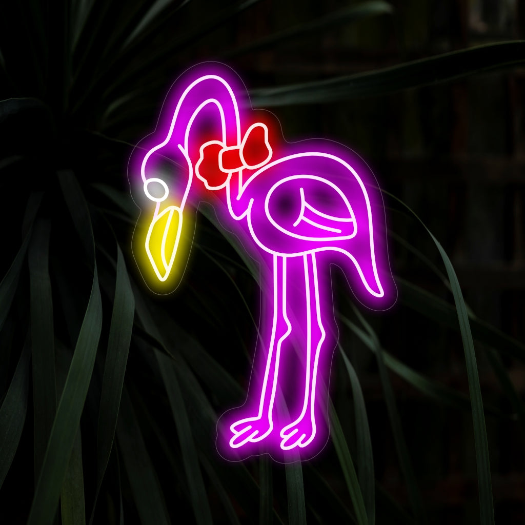 "Placa de neon com flamingo fofo" ��� Uma luz neon divertida e tropical que exibe a silhueta encantadora de um flamingo fofo, infundindo seu espaço com vibração e charme alegre.