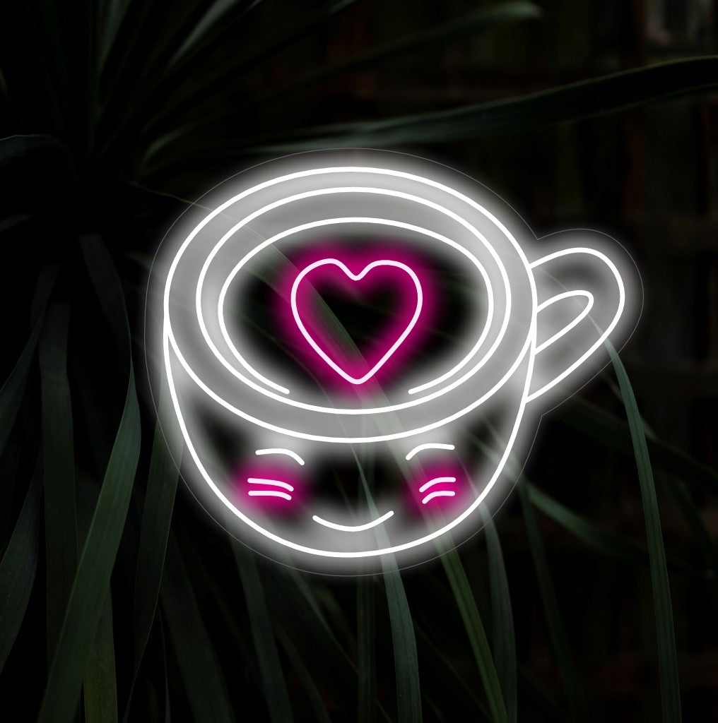 "Xícara de café fofa e alegre com letreiro neon em formato de coração" iluminando seu espaço com alegria, um complemento perfeito para seu cantinho do café.