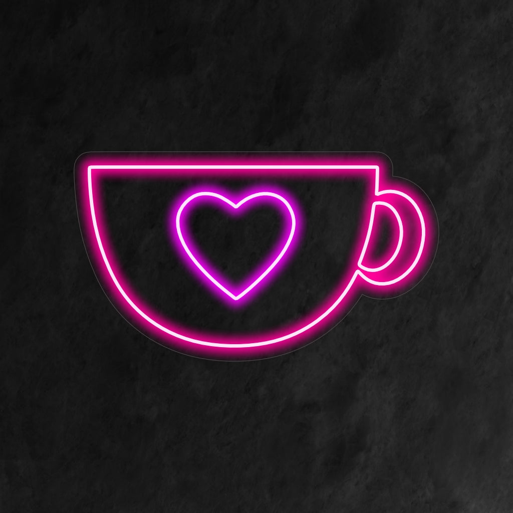 "Caneca fofa com letreiro neon de coração" é uma adição adorável e charmosa para o interior do seu café. Uma luminária neon com uma caneca fofa com um coração, criando uma atmosfera acolhedora e convidativa.