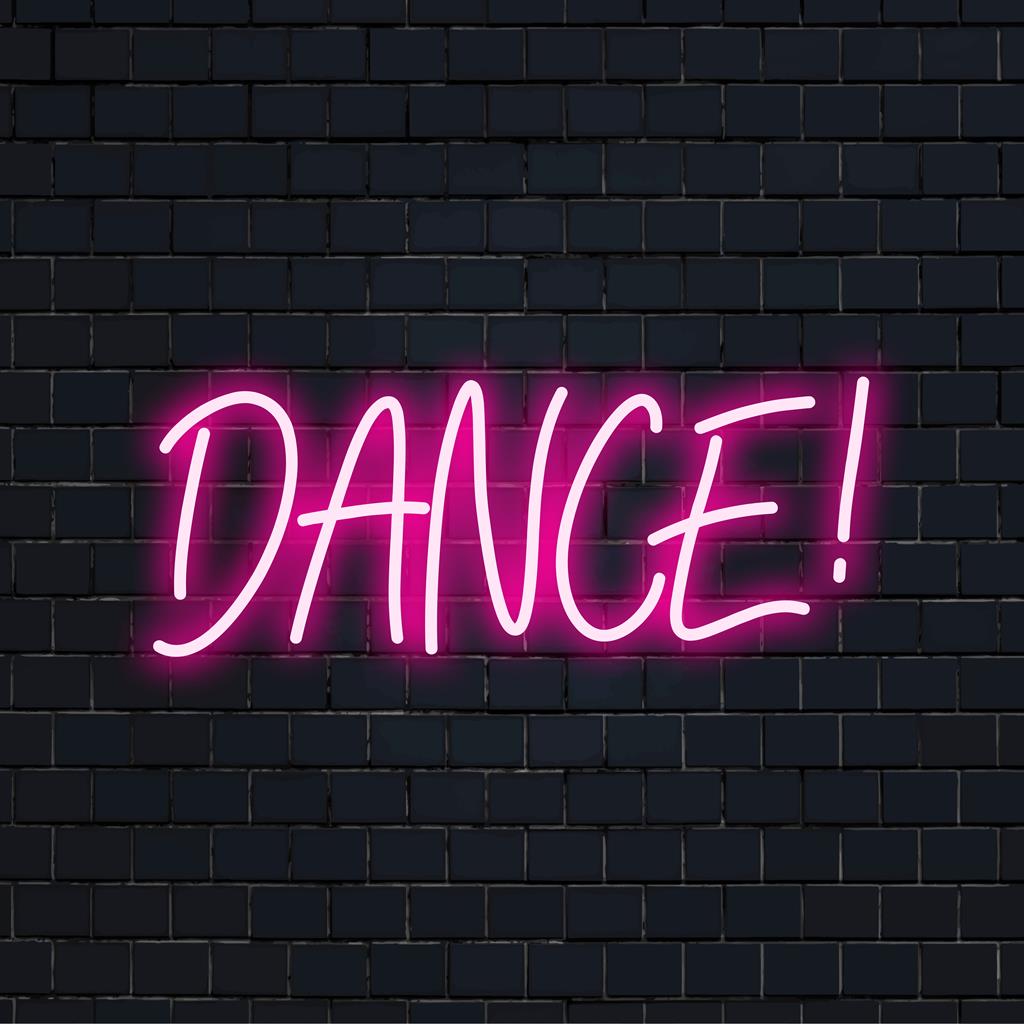 Arte de parede neon vibrante com Dance! brilhando intensamente; um design de LED dinâmico e personalizado que adiciona decoração animada a qualquer espaço.
