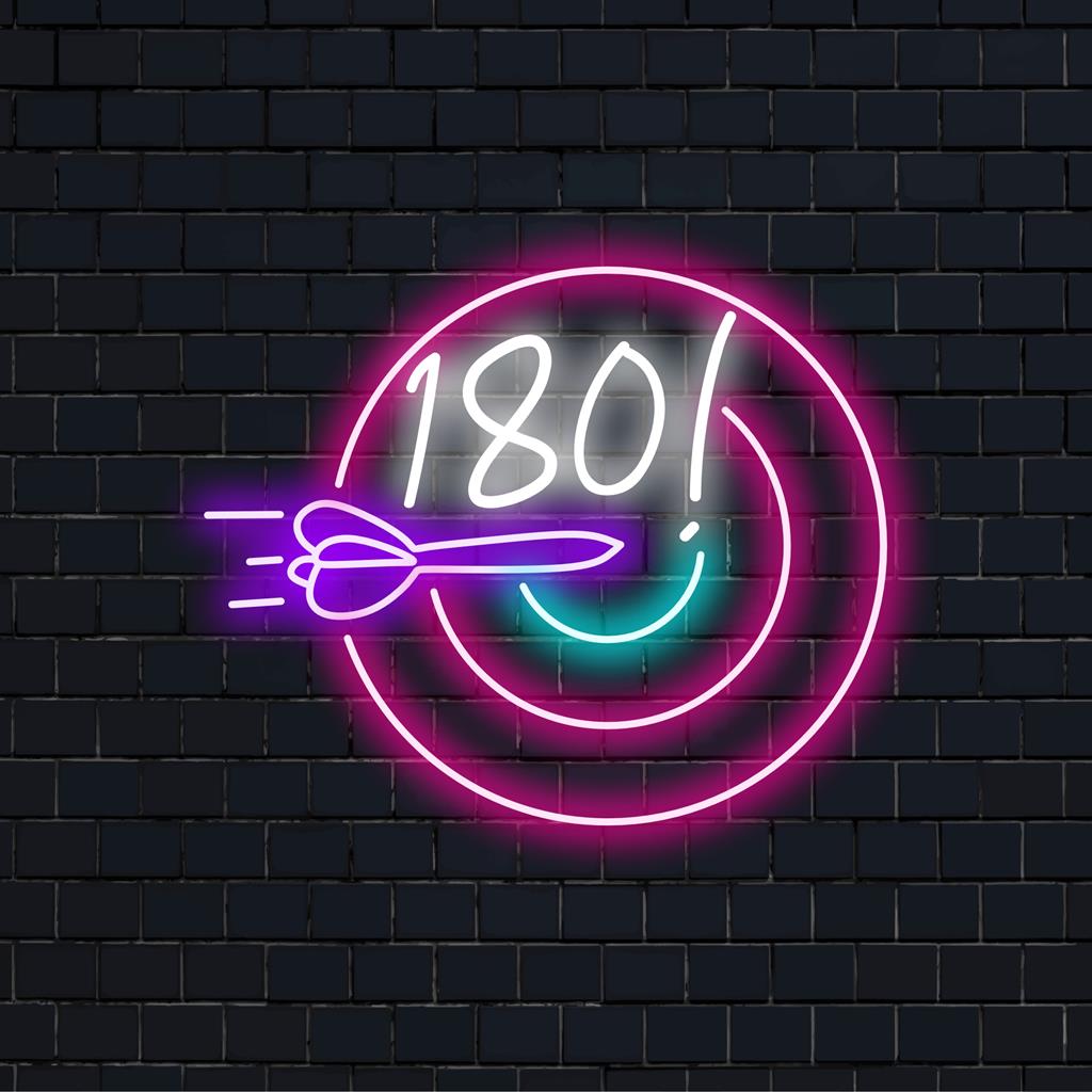 Letreiro de LED neon com Darts 180! em cores vibrantes, perfeito para salas de jogos e entusiastas de dardos. Decoração de LED personalizada.