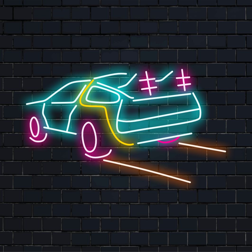 Letreiro de neon LED que lembra a máquina do tempo DeLorean, perfeito para decoração personalizada; arte de parede neon exclusiva para entusiastas do retrô.