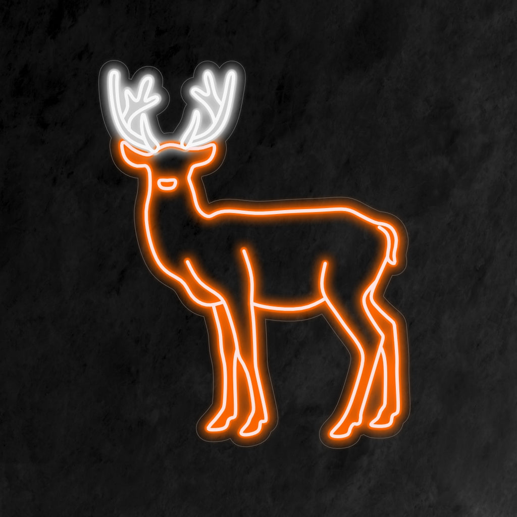 "Deer Neon Letreiro" acende com um brilho rústico, trazendo a elegância da natureza para o seu espaço, perfeito para entusiastas da natureza e para aqueles que buscam um toque de ar livre.