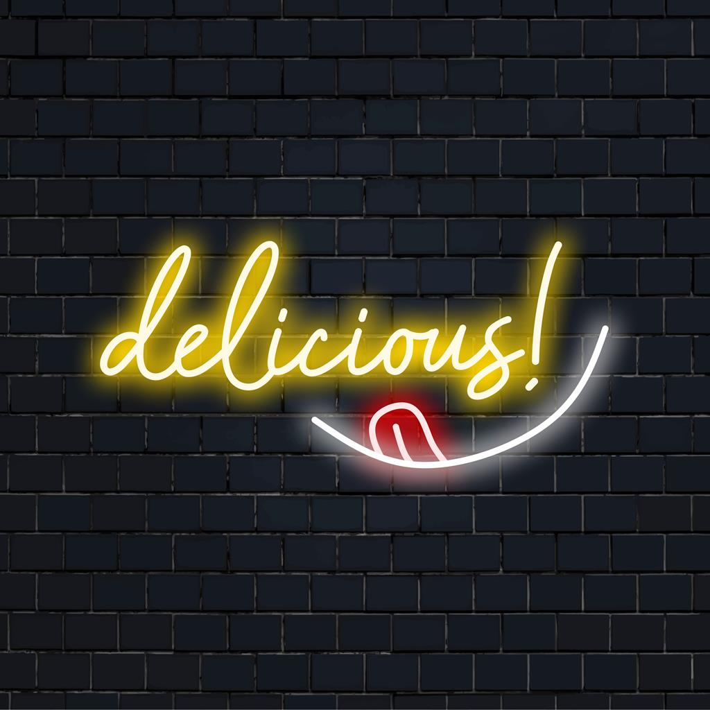 Letreiro de LED neon vibrante e personalizado com a palavra "Delicious!". Perfeito para adicionar charme e brilho a qualquer ambiente.
