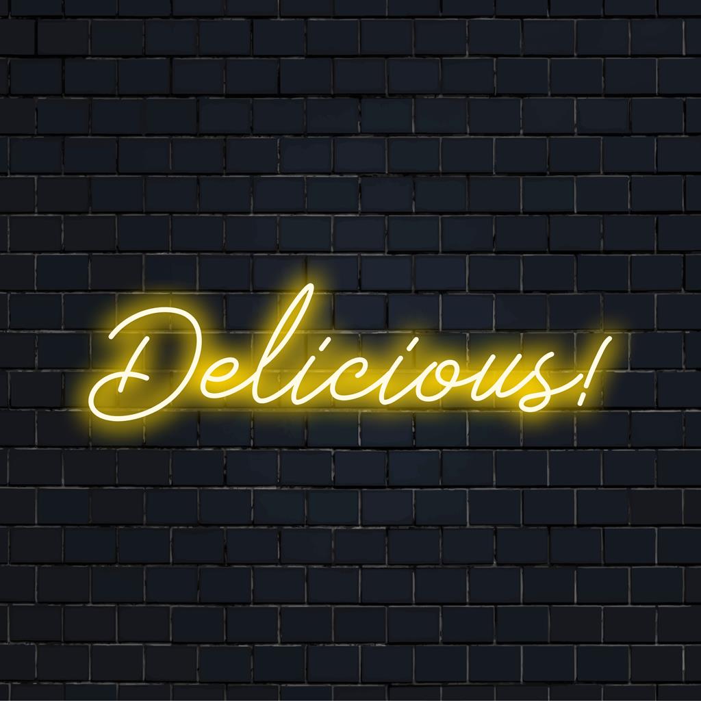 Placa de LED neon vibrante e personalizada com a palavra "Delicioso!", perfeita para dar um toque único e chamativo a qualquer espaço.