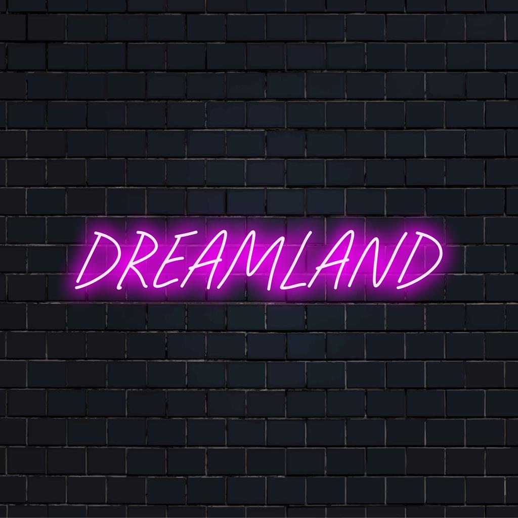 Letreiro de LED neon vibrante com Dreamland, perfeito para personalizar qualquer espaço com um toque aconchegante e artístico. Decoração com luzes neon.