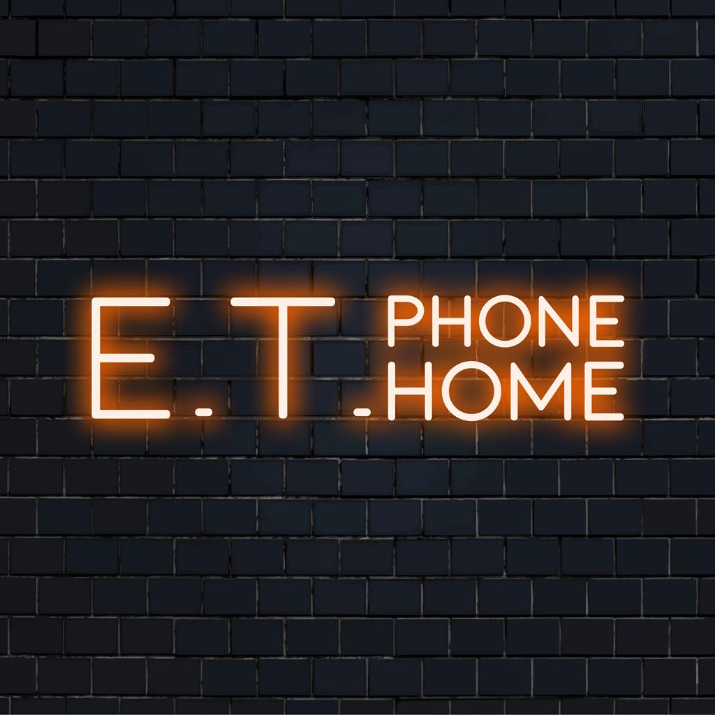 Placa de neon LED personalizada exibindo E.T. Phone Home em luz vibrante, misturando charme retrô com decoração neon moderna.