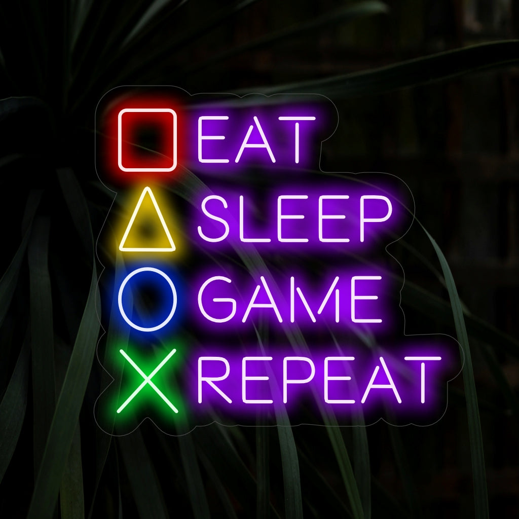 "Eat Sleep Game Repeat Neon Sign" acende com um brilho divertido, perfeito para salas de jogos e espaços dedicados ao estilo de vida gamer, capturando a diversão e o entusiasmo dos jogadores.