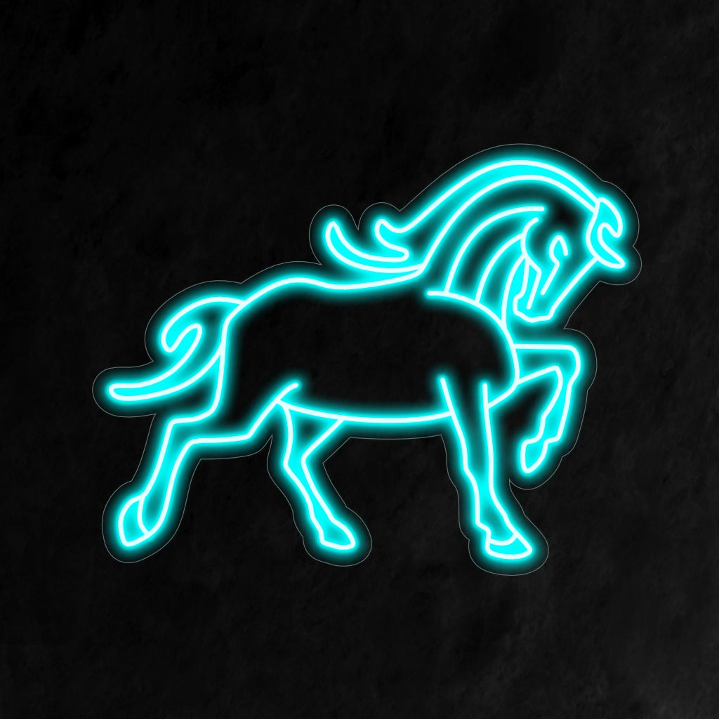 "Elegant Horse Neon Letreiro" ilumina com graça e sofisticação, perfeito para espaços equestres e locais elegantes, exibindo a beleza e a elegância de cavalos majestosos.