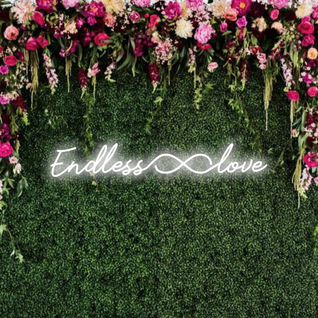 Placa de neon LED com símbolo do infinito e texto Endless Love, perfeita para decoração e arte de parede neon personalizada.
