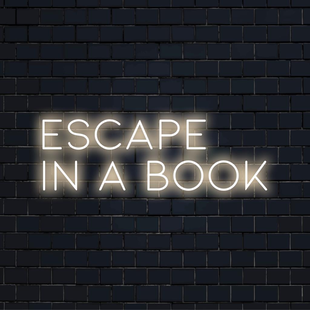 Placa de LED neon personalizada com a frase "Escape In A Book", perfeita para a decoração de quem ama livros. Ideal para recantos aconchegantes e bibliotecas.