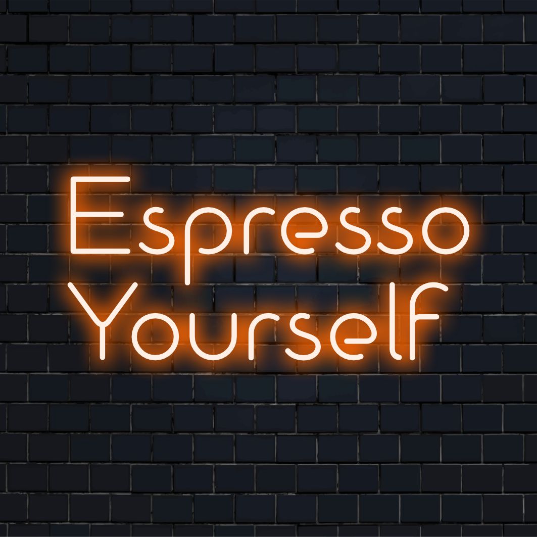 Placa de neon LED personalizada com a frase "Espresso Yourself", perfeita para decoração de neon vibrante ou espaços pessoais inspiradores.