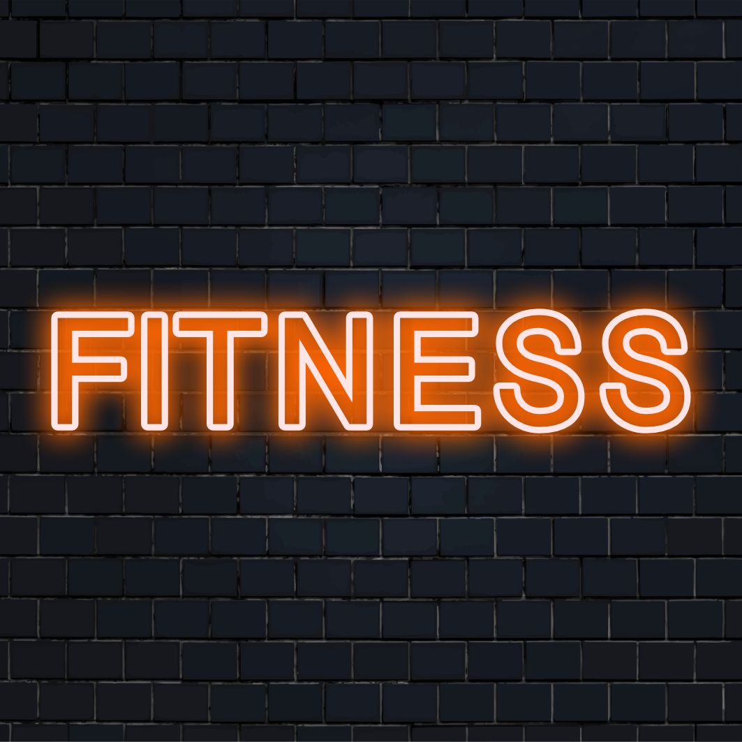 Letreiro de neon com tema fitness, com palavras ou ícones inspiradores; ideal para academias ou decoração de casa. Arte personalizada com luzes neon de LED.