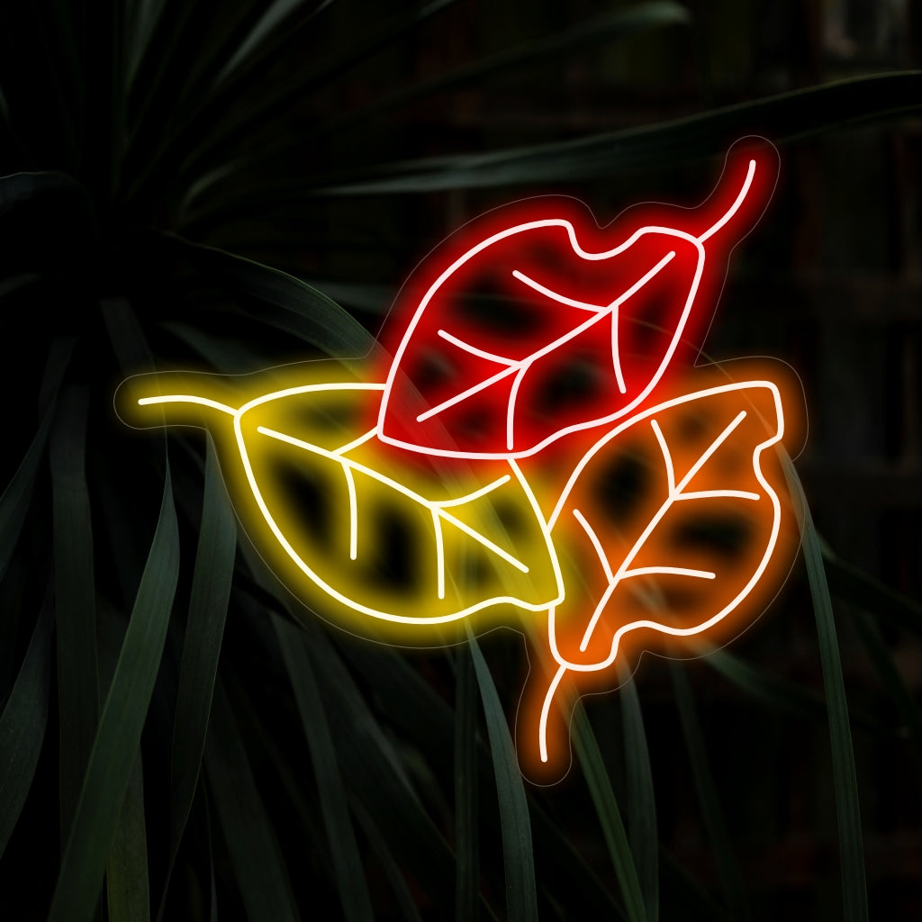"Placa de neon com folhas de outono" acende com tons quentes de outono, ideal para decoração sazonal e espaços que celebram a beleza do outono, criando uma atmosfera aconchegante e convidativa.