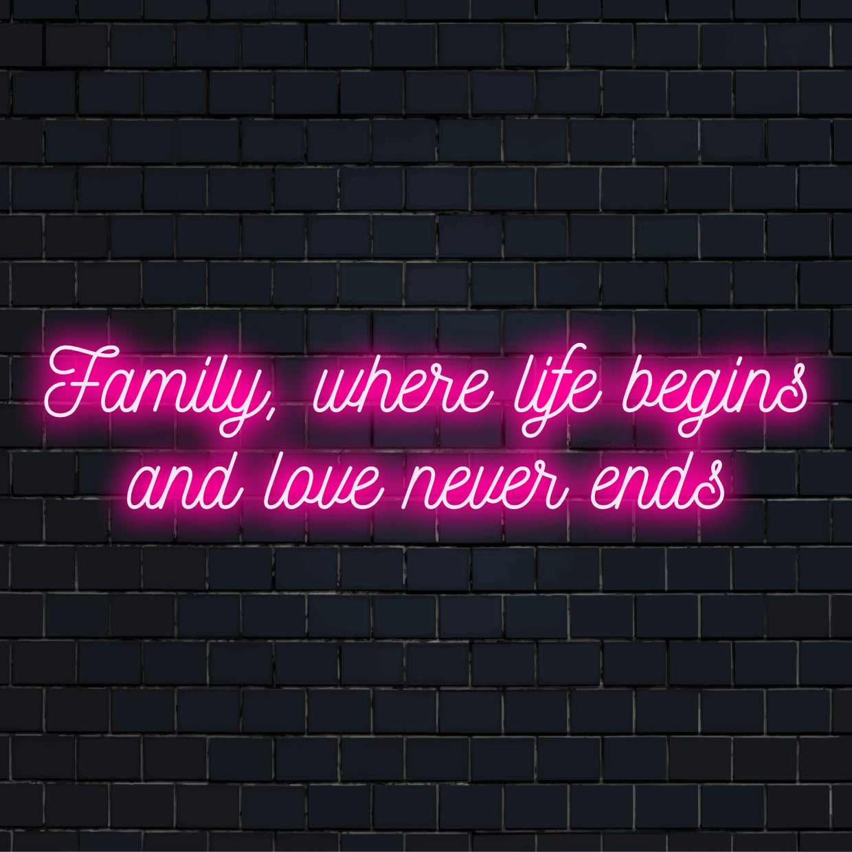 Placa de neon LED personalizada com a frase Família onde a vida começa e o amor nunca acaba, perfeita para uma decoração de casa emocionante.