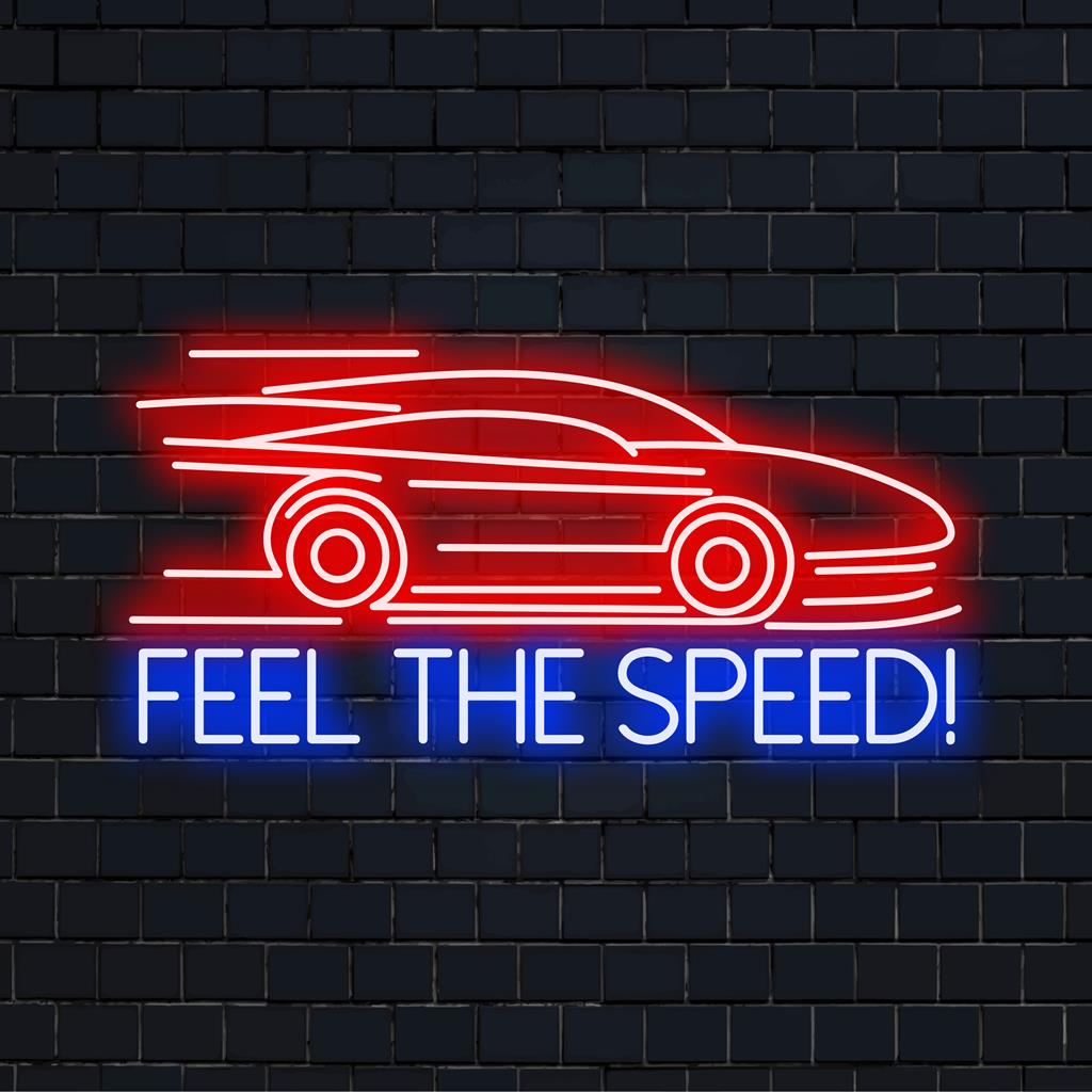 Placa de neon LED com texto dinâmico Feel The Speed!, uma peça de decoração deslumbrante que mistura arte e luz para qualquer espaço.