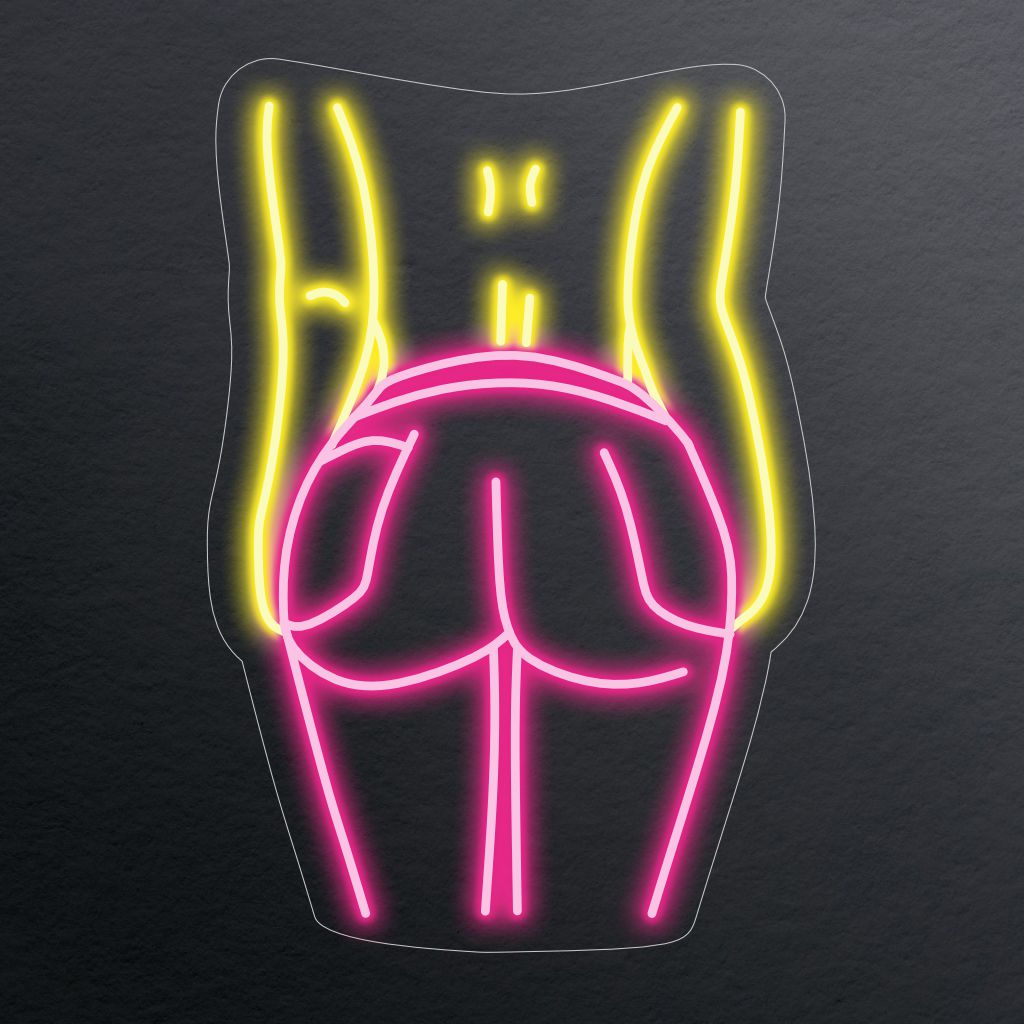 "Placa de Neon com o Bumbum Feminino" ilumina com expressão artística, celebrando a beleza e a forma do bumbum feminino. Perfeito para espaços que valorizam o apelo estético do corpo humano na arte.