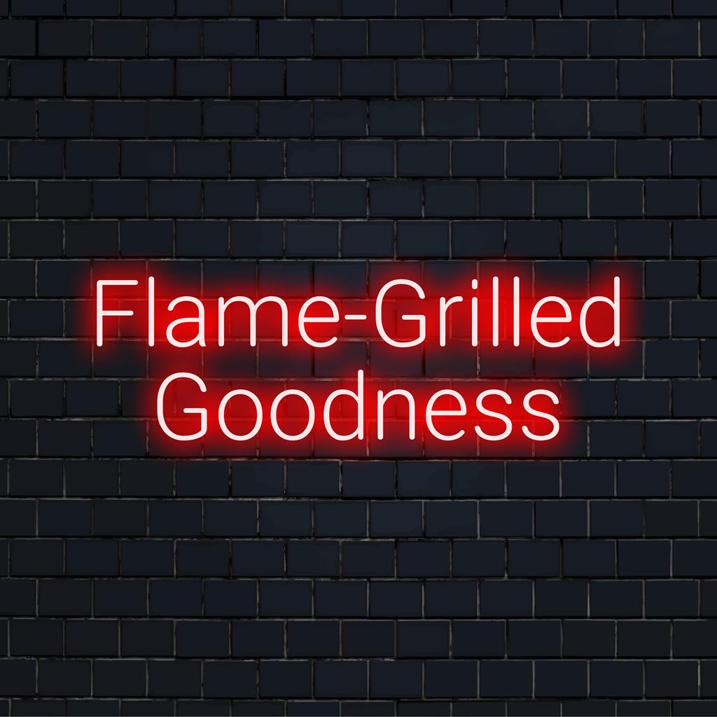 Placa de LED neon personalizada com o texto Flame-Grilled Goodness, ideal para adicionar estilo neon a uma cozinha ou área de churrasco.