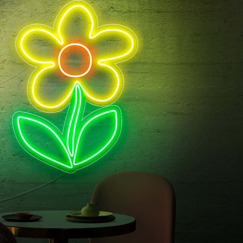 O letreiro "Flower Neon" acende com a vibração das flores, perfeito para floriculturas e espaços que celebram a beleza das flores, adicionando um toque de elegância da natureza ao ambiente.