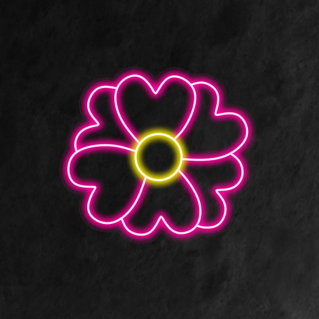 Um letreiro de neon iluminado com uma linda flor com folhas em formato de coração, adicionando um toque de charme inspirado na natureza e elegância floral a qualquer espaço