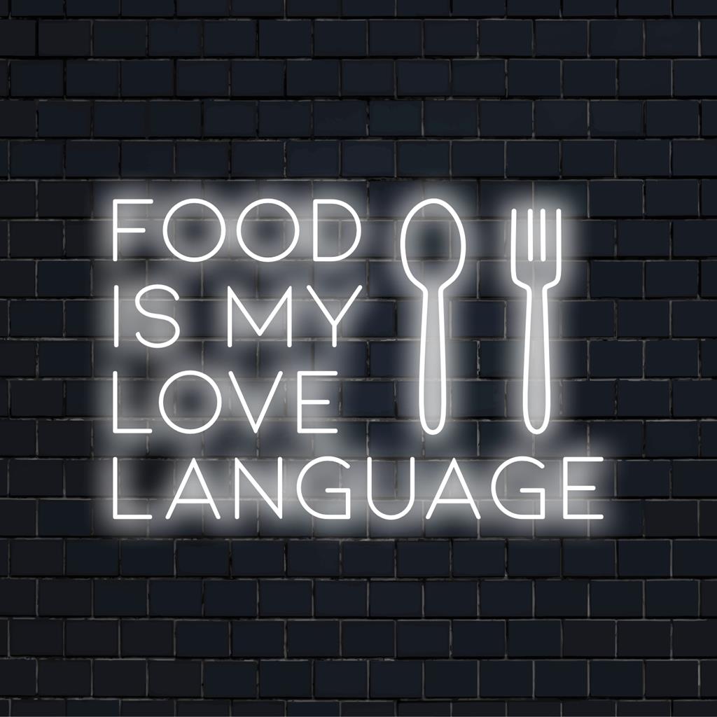Placa de neon LED com a frase "Food Is My Love Language"; perfeita para cozinhas ou salas de jantar; decoração artística com luzes neon.