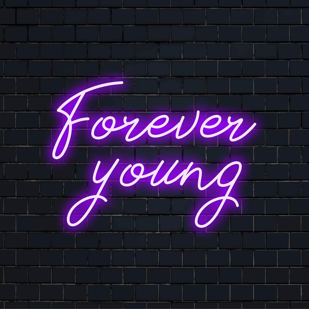 Placa de LED neon vibrante Forever Young, perfeita para adicionar um brilho personalizado a qualquer espaço; ideal para entusiastas de decoração moderna.