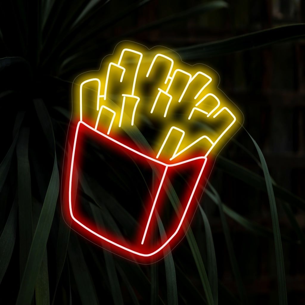 "Placa de neon de batata frita" - Cheia de clima de fast-food, perfeita para lanchonetes e lanchonetes, celebrando o charme crocante e delicioso das batatas fritas.