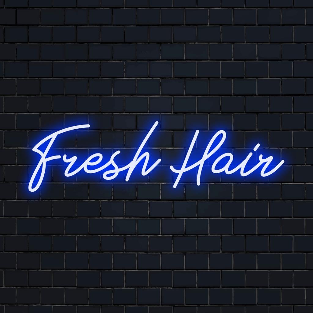 Letreiro de neon LED personalizado com a frase "Fresh Hair", perfeito para salões de beleza. Ilumine seu ambiente com este elegante acessório de neon.