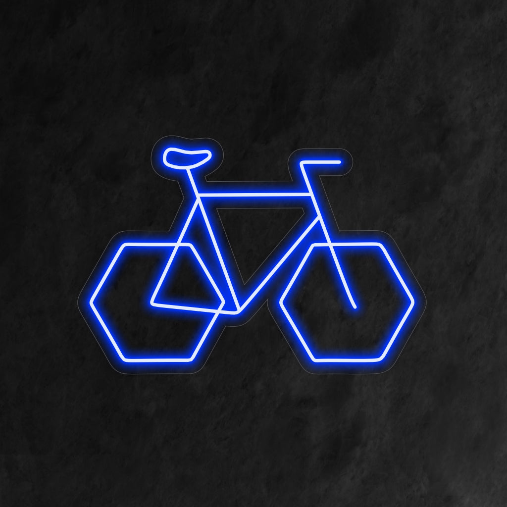 "Placa de neon geométrica para bicicleta" - Pedalando com um toque moderno, perfeita para lojas de bicicletas e entusiastas do ciclismo, capturando a fusão da geometria e do amor pelo ciclismo.