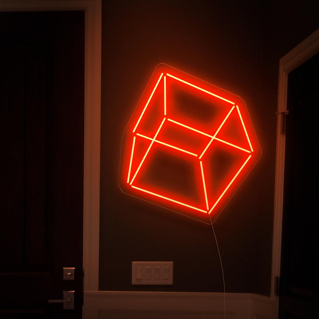 "Placa de neon em forma de cubo geométrico" - Irradiando charme abstrato, perfeita para espaços modernos e estúdios de arte, apreciando o apelo estético das formas geométricas.