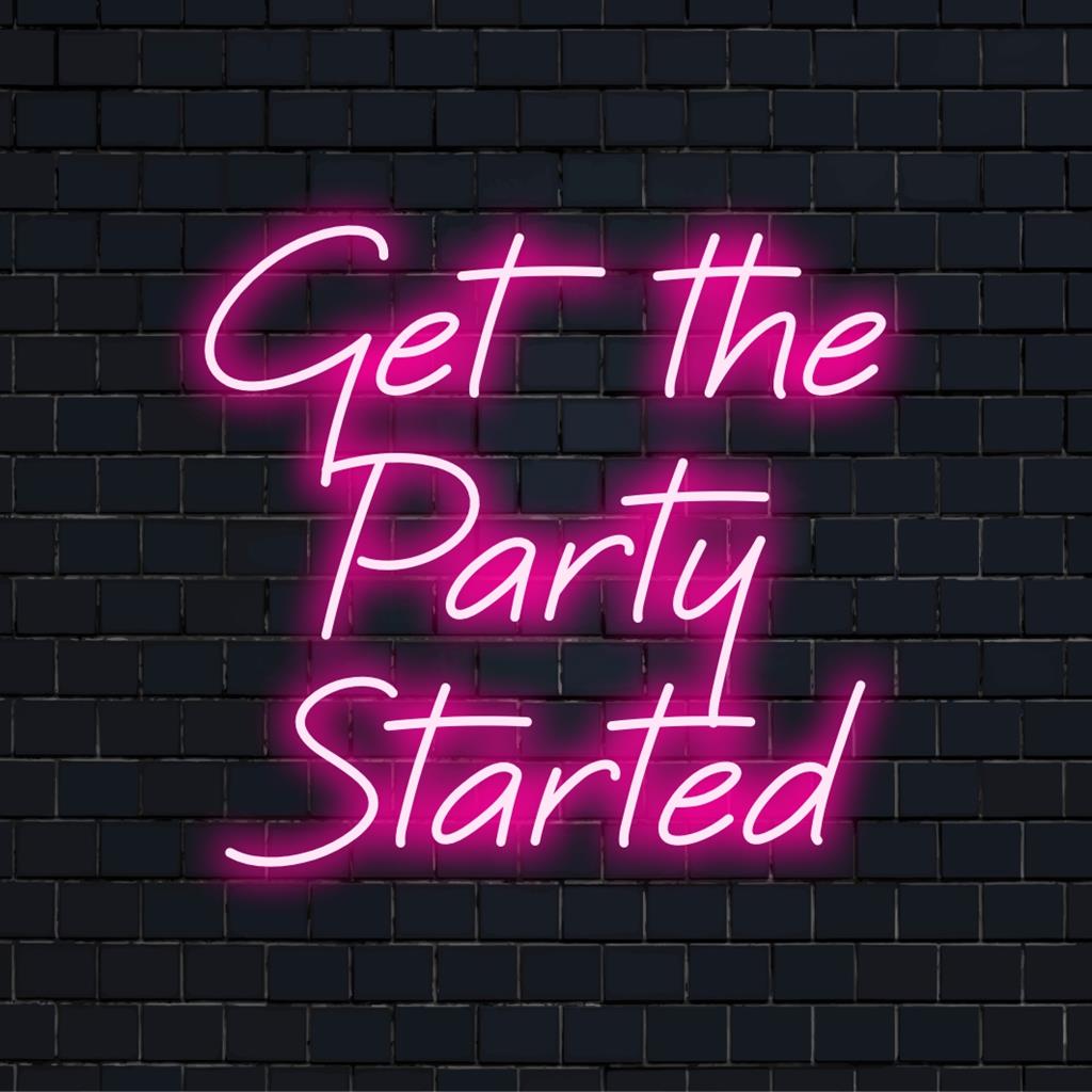 Uma vibrante placa de LED neon personalizada com a frase "Get The Party Start", ideal para energizar espaços com sua divertida energia de luz neon.