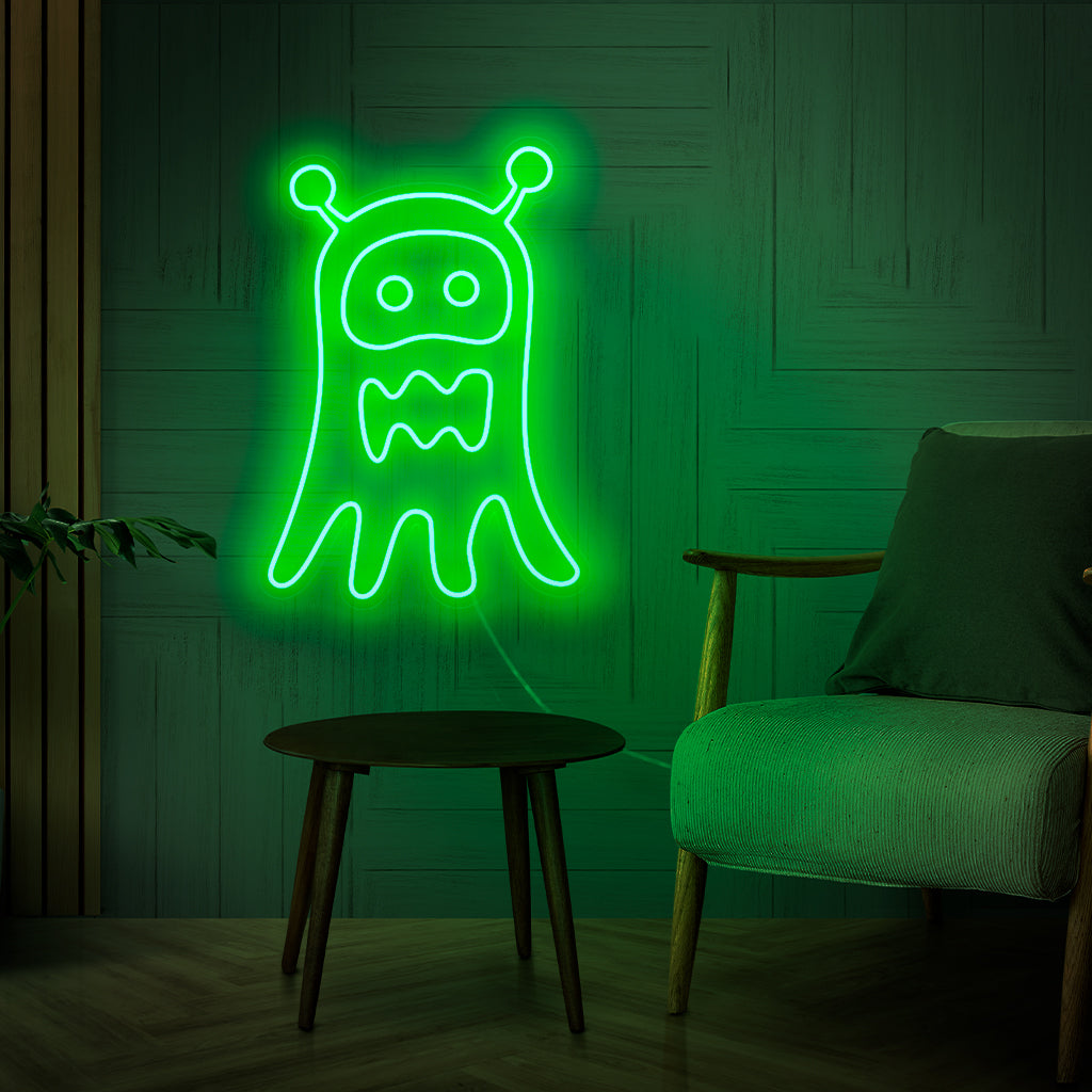 "Placa de neon de monstro fantasma" - Assustador com seu charme excêntrico, perfeito para espaços criativos e salas de jogos, trazendo um toque lúdico e assustador ao ambiente.