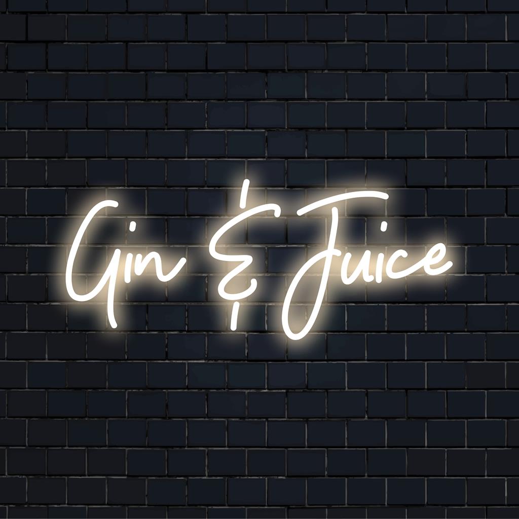 Placa de LED neon personalizada com os dizeres "Gin And Juice", adicionando um brilho vibrante e um toque personalizado a qualquer espaço, perfeita para uma decoração neon exclusiva.