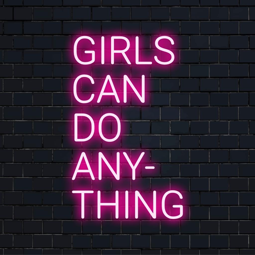 Placa de neon LED personalizada com os dizeres "Girls Can Do Anything" em cores radiantes, perfeita para decoração de parede inspiradora.