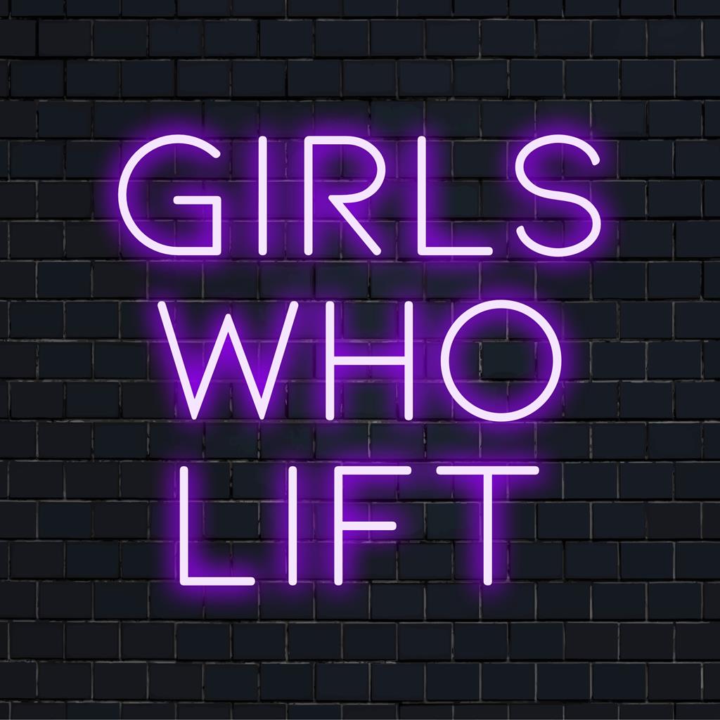 Placa de neon LED com a frase Girls Who Lift em letras grandes, ideal para dar poder à decoração da academia ou inspirar espaços domésticos.