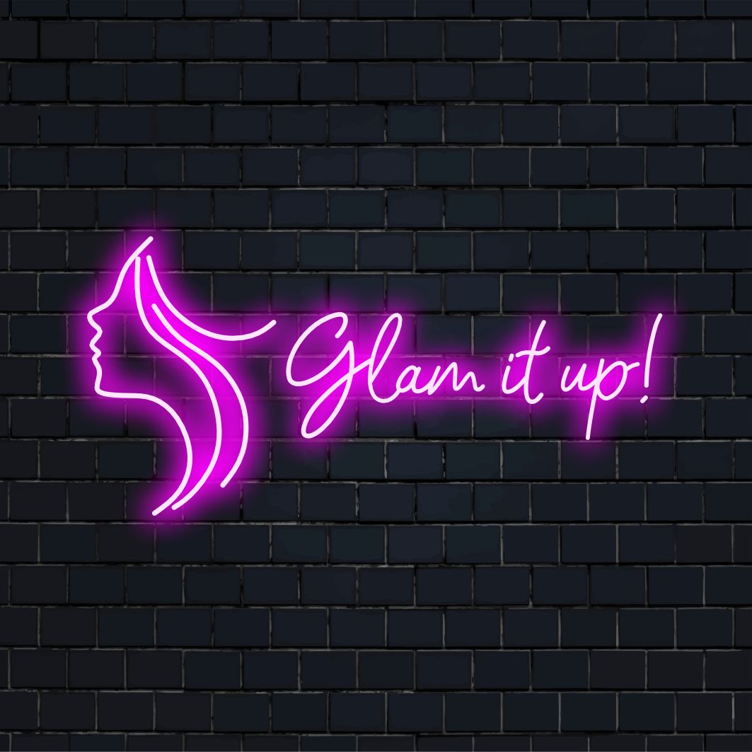 Placa de neon LED personalizada da Glam It Up; uma mistura atraente de brilho neon personalizado, perfeita para uma decoração elegante.